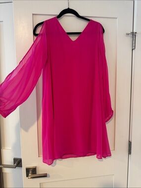 Fuchsia Long-Sleeve V-Neck Chiffon Dress